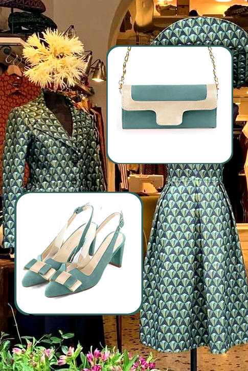 Mint green and gold women's open back shoes, with a knot. Tapered toe. Medium comma heels. Top view - Florence KOOIJMAN